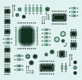 Monochrome printed circuit board with green radio components. Geometric background with electrical components. Royalty Free Stock Photo