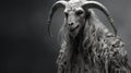 Monochrome Ram With Long Horns: A Chilling Creature In Zbrush Style