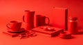 Monochrome red still life concept with various objects on red background, abstract artistic composition for modern design, Royalty Free Stock Photo
