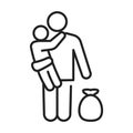 Monochrome refugee father and kid with sack of things line icon vector illustration Royalty Free Stock Photo