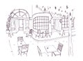 Monochrome rough sketch of european outdoor or sidewalk cafe, restaurant or coffeehouse with tables and chairs standing