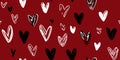 Monochrome scribble hearts seamless pattern in deep burgundy and white for romantic fabrics, wrapping paper, and packaging Royalty Free Stock Photo