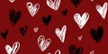 Monochrome scribble hearts seamless pattern in deep burgundy and white for romantic fabrics, wrapping paper, and packaging Royalty Free Stock Photo