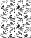 Monochrome seamless decorative pattern with birds and rowan berries on branches on white backdrop. Vector black tracery texture