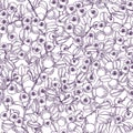 Monochrome seamless pattern with arctic lingonberry hand drawn with purple lines on white background. Boreal forest