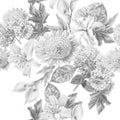 Monochrome seamless pattern with beautiful flowers. Lilia. Calla. Hydrangea.
