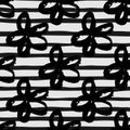 Monochrome seamless pattern with brushed fdaisy flowers. Stripped background. Contrast desigm in white and black tones