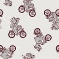 Monochrome seamless pattern with cartoon dog on a bike holding bouquet. Vector texture with hand drawn happy puppy