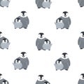 Monochrome seamless pattern with cute pair of embracing mother and baby penguins on white background. Funny flat cartoon