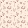 Monochrome seamless pattern with dairy products drawn with contour lines on light background - milk, milkshake, yogurt