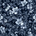 Monochrome seamless pattern with delicate apple blossom in old engraving style