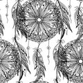 Monochrome seamless pattern dream catcher with feathers Royalty Free Stock Photo