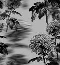 Monochrome seamless pattern with blurred sillouettes of chrysanthemums.