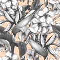 Monochrome seamless pattern with exotic flowers