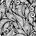 Monochrome Seamless Pattern with Floral Ethnic Motifs