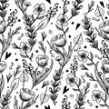 Monochrome seamless pattern flowers and leaves.