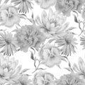 Monochrome seamless pattern with flowers. Lily. Marigold. Pansies. Watercolor illustration.