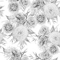 Monochrome seamless pattern with flowers. Rose. Chrysanthemum. Peony. Watercolor illustration.