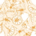 Monochrome seamless pattern with fresh lemons, whole and cut into slices, flowers and leaves on light background