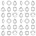 Monochrome seamless pattern with gemstones, mineral crystals, natural stones with black contour lines on white