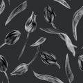 Monochrome seamless pattern with gray Tulips flowers drawn by pencil on black.