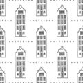 Monochrome seamless pattern of house of the Damrak Avenue and Amsterdam lettering, Netherlands.