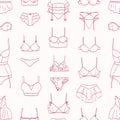 Monochrome seamless pattern with lingerie and sleepwear drawn with contour lines on white background. Backdrop with sexy