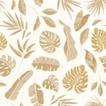 Monochrome seamless pattern with luxuriant vegetation of tropical rainforest. Backdrop with exotic leaves of jungle