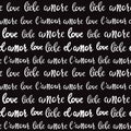 Monochrome seamless pattern made of word love written on different languages on black background. Vector illustration