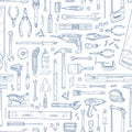 Monochrome seamless pattern with manual and powered household tools for woodworking. Backdrop with equipment for home