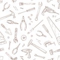 Monochrome seamless pattern with manual and powered tools for woodworking hand drawn with contour lines on white