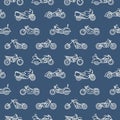 Monochrome seamless pattern with motorcycles of various models drawn with white outlines on blue background - chopper