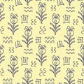 Monochrome. Seamless pattern. Outlines of bizarre plants . Hand drawn Doodle elements. Vector