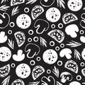 Monochrome seamless pattern with pizza ingredients: mushroom, pepperoni, tomato, olives, herbs with grunge texture