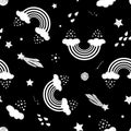 Monochrome seamless pattern with rainbows and cosmic elements: stars, comets on black background. Vector illustration Royalty Free Stock Photo