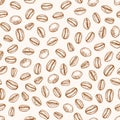 Monochrome seamless pattern with roasted coffee seeds or beans hand drawn with contour lines on light background