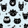 Monochrome seamless pattern in scandinavian style with cute doodle animals.