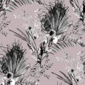 Monochrome seamless pattern with silhouettes of dry branches and leaves of palm trees and ferns Royalty Free Stock Photo