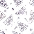 Monochrome seamless pattern with slices of different pizza types and ingredients scattered around on white background Royalty Free Stock Photo