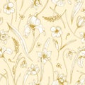 Monochrome seamless pattern with spring tender blooming flowers drawn with outlines on yellow background. Backdrop with