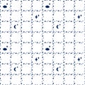 Monochrome Seamless pattern with stars of different sizes. Clouds, the moon. Square cell of white stars on a blue background.