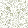 Monochrome seamless pattern with tasty wholesome food, eco healthy products, fresh fruits, berries and vegetables hand