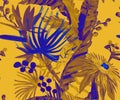 Monochrome seamless pattern with tropical flowers and leaves painted in drybrush gouache