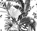 Monochrome seamless pattern with tropical flowers and leaves painted in drybrush gouache