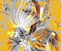 Monochrome seamless pattern with tropical flowers and leaves painted in drybrush gouache