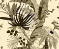 Monochrome seamless pattern with tropical flowers and leaves painted in drybrush gouache