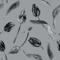 Monochrome seamless pattern with Tulips flowers isolated on grey.