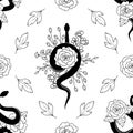 Monochrome seamless pattern with various snakes with flowers and leaves. Botanical background with roses or peonies