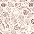 Monochrome seamless pattern with various types of raw pasta hand drawn with contour lines on light background - farfalle