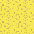 Monochrome seamless pattern with violet moon and stars on yellow background